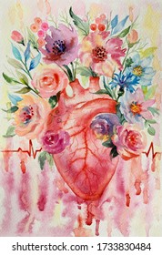 Watercolor Blooming Human Heart. Tattoo Anatomy Vintage Illustration. Template For Designs, Card, Posters, Board, Wallpaper.