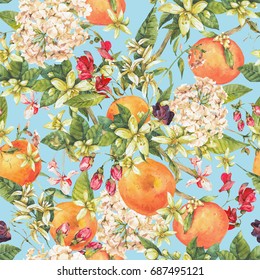 Tapa naranja cromática con flores de verano, motivos florales sin costura, ilustración botánica natural sobre fondo azul