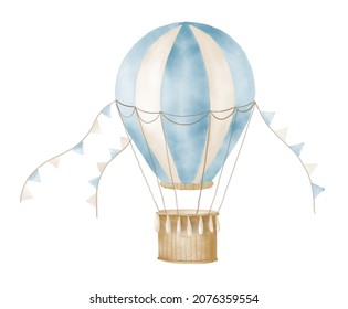 Watercolor blue Air Balloon and basket   pennants  Hand painted illustration for Children design in Cartoon style  Vintage Aircraft and hot air for icon logo