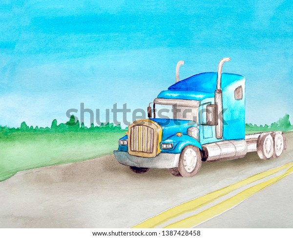 Watercolor blue\
american semi trailer tractor without a container rides on an\
asphalt road against the backdrop of the landscape for logistics or\
business cards or website\
design.