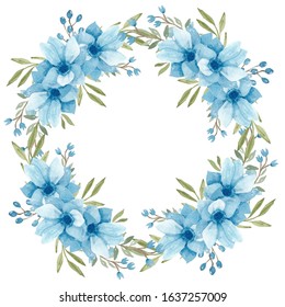 Watercolor Blue Anemone Flower Wreath. Hand Painted Floral Circle Frame. Vintage Border Decoration.