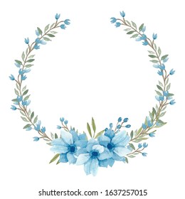 Watercolor Blue Anemone Flower Wreath. Hand Painted Floral Circle Frame. Vintage Border Decoration.