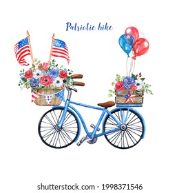 Watercolor blue bike with red, white and blue flowers, isolated on white background. Patriotic bicycle with US flags and balloons for 4th of July cards and invitations.