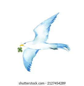 Watercolor Blue Bird With Four Leaf Clover