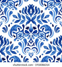 Watercolor blue damask hand drawn floral design. Seamless pattern, tiling ornament. Persian abstract filigree background. Blue and white azulejo decorative element.