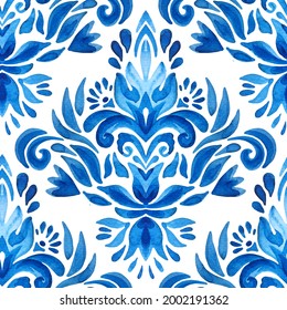 Watercolor blue damask hand drawn floral design. Seamless pattern, tiling ornament. Persian abstract filigree background. Elegant decorative portuguese azulejo tile.