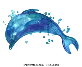 Watercolor blue dolphin. 