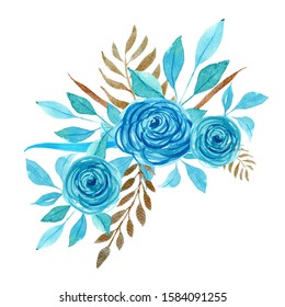 Watercolor Blue And Gold Flowers, Leaves. Bouquet. Wedding Concept. Floral Poster, Invite.
