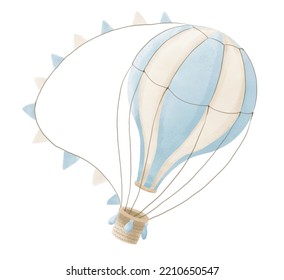 Watercolor blue hot Air Balloon and pennants  Vintage hand drawn illustration for Children party cards in cartoon style  Drawing old retro aircraft for baby design