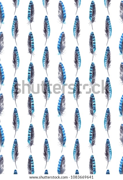 Watercolor Blue Jay Feather Background Pattern Stock Illustration