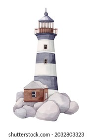 Watercolor blue lighthouse, pharos. North nature. Gray stone.  Navy, baby prints, kids nursery clipart. Sea, ocean illustration.