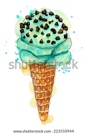 Watercolor blue mint chocolate chip ice cream. Stylized illustration isolated on white background.