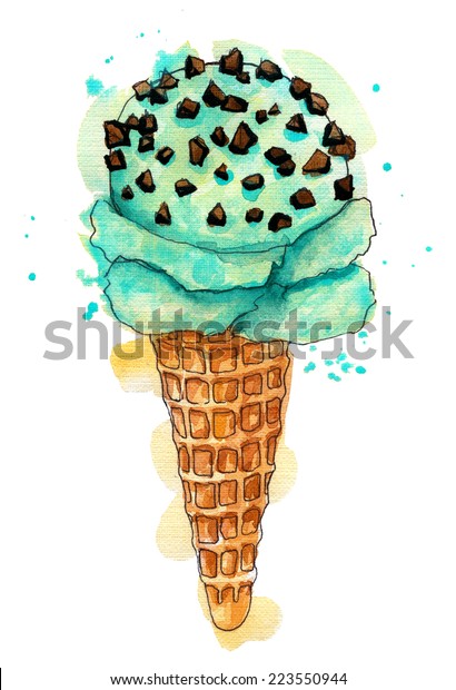 水彩青ミントチョコチップアイスクリーム 白い背景にスタイル化した