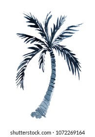 Watercolor Blue Monochrome Coconut Palm Tree