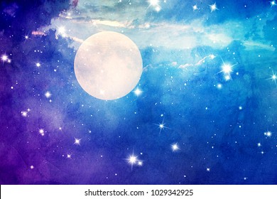 Watercolor Blue Night Sky With Full Moon And Shining Stars, Fantasy Background