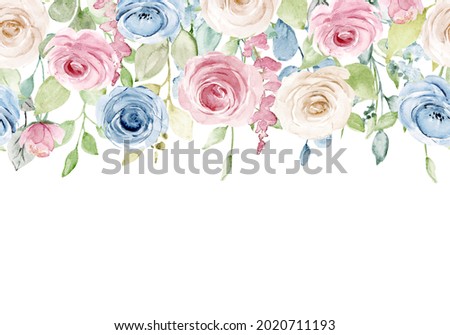 Watercolor blue and pink flowers roses. Floral summer repeat border for printing invitations, greeting cards, wall art, stickers and other. Isolated on white. Hand painted.