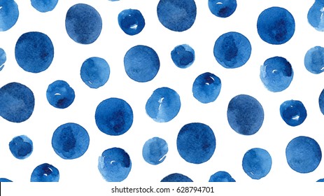 Watercolor Blue Polka Dots. Navy Circles. Abstract Background