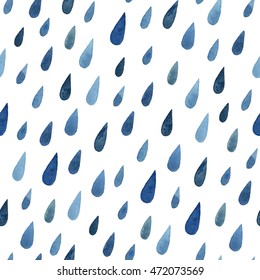 Watercolor Blue Raindrops Seamless Pattern On White Background.