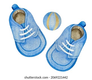 Watercolor blue shoes for baby boy with white laces top view isolated on white. Boy bootee with ball - Powered by Shutterstock