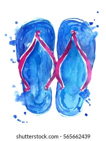 Watercolor Blue Shoes. Watercolor Flip Flops..