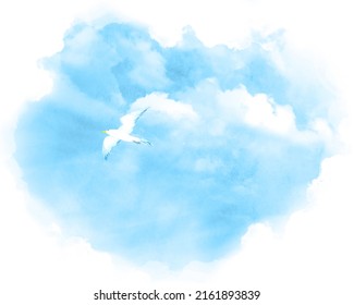 Watercolor Blue Sky With White Bird Flying