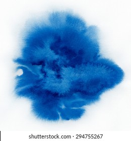 Watercolor. Blue Spot On Watercolor Paper. Abstract Blue Spot On White Background. Ink Drop.