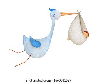 Watercolor blue stork carrying baby in its beak in sheet on white background - Powered by Shutterstock