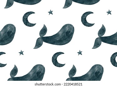 Watercolor Blue Whale And Moon. Cute Nautical Navy Cartoon Animal Pattern	