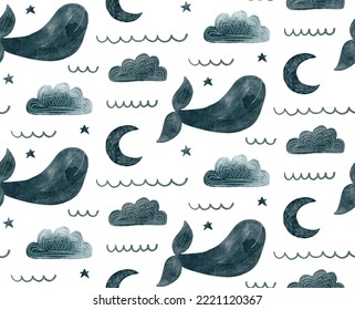 Watercolor Blue Whale And Moon. Cute Nautical Navy Cartoon Animal Pattern	