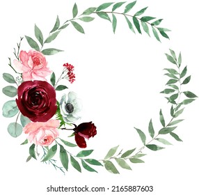 Watercolor Blush Burgundy Floral Wreath Isolated Stock Illustration ...