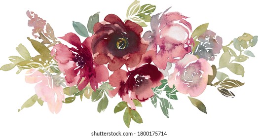 Watercolor Blush And Burgundy Flowers Isolated On White Background. Beautiful Floral Composition. Design For Textile, Wallpapers, Greeting Cards.
