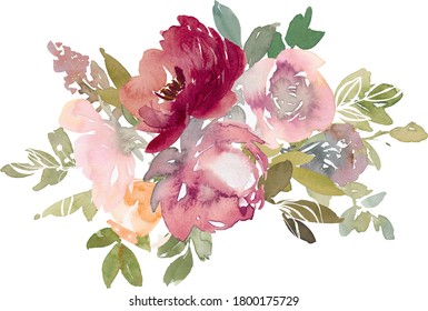 Watercolor blush and burgundy flowers isolated on white background. Beautiful floral composition. Design for textile, wallpapers, greeting cards.