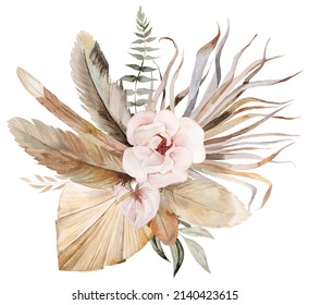 Böhmischer Bouquet mit Federn, tropischen Blumen, getrockneten Palmenblättern und Pampas-Gras-Illustration, Kopienraum. Hochzeitsplanung