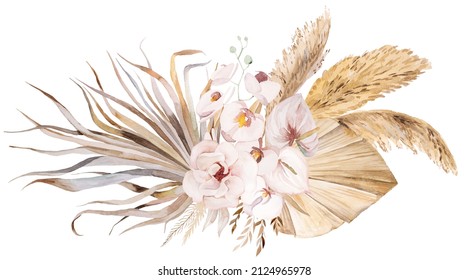 Böhmischer Bouquet mit tropischen und Baumwollblumen, getrockneten Palmenblättern und Pampas-Gras-Illustration mit Kopienraum einzeln. Beige Arrangements für Hochzeitsdesign, Grußkarten, Kunsthandwerk