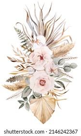 Böhmischer Strauß mit tropischen Blumen, getrocknete Palmenblätter und Pampas-Gras-Illustration, Kopienraum. Hochzeitsplanung