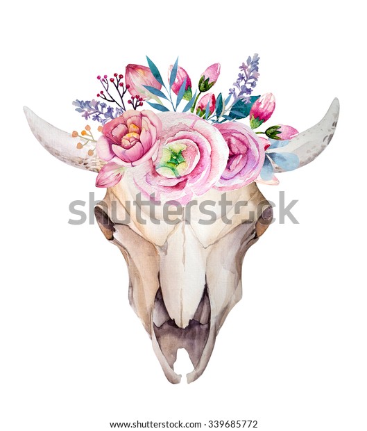 Watercolor Bohemian Bull Skull Western Mammals Stock Illustration