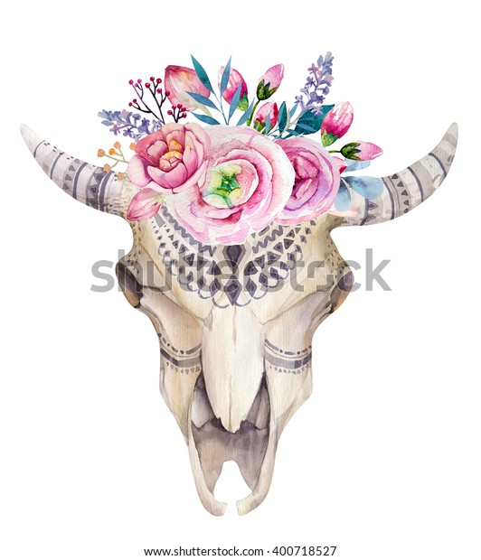 Watercolor Bohemian Bull Skull Western Mammals Stock Image