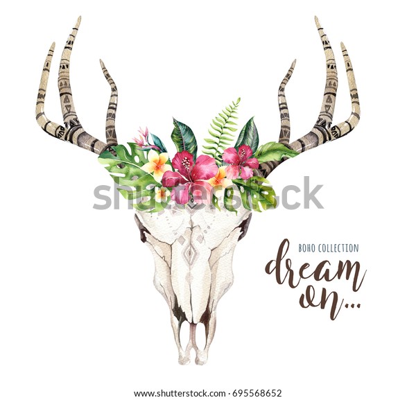 Watercolor Bohemian Cow Skull Tropic Palm Stock Illustration 695568652