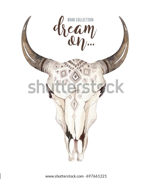 Watercolor Bohemian Cow Skull Tropic Palm Stock Illustration 697661221