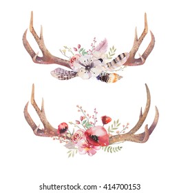 Watercolor bohemian deer horns  Western mammals  Watercolour hipster decoration print antlers  flowers  feathers  Isolated  white background  Boho antler  Hand drawn ethnic wreath design 