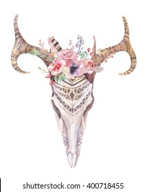 Watercolor Bohemian Deer Skull.  Western Mammalsl. Watercolour  Boho Decoration Print Antlers With Flowers, Feathers.  Ethnic Themed Design. 