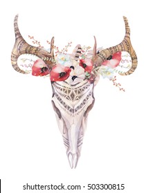 Watercolor bohemian deer skull. Western mammals. Watercolour  boho decoration print antlers with flowers, feathers. Isolated white background.  Hand drawn illustration. Ethnic themed design. 