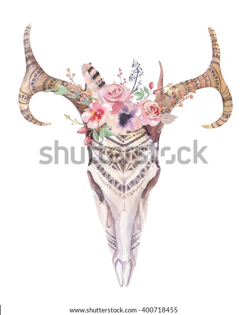 Watercolor Bohemian Deer Skull Western Mammalsl Royalty Free