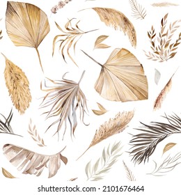 Aquarell Böhmisches nahtloses Muster mit getrockneten tropischen Blättern und Pampas-Gras-Illustration einzeln. Beige Elemente für Hochzeitsdesign und -handwerk