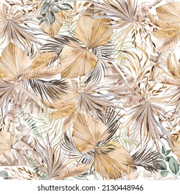 Aquarell Böhmisches nahtloses Muster mit getrockneten tropischen Blättern und Pampas-Gras-Illustration einzeln. Beige Elemente für Hochzeitsdesign und -handwerk