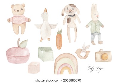 Watercolor boho baby toys on white background