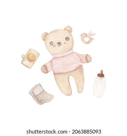 Watercolor boho baby toys on white background