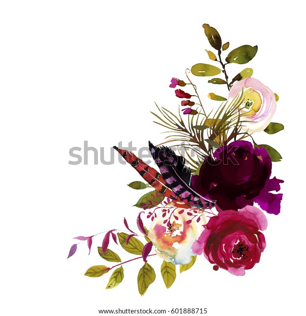 水彩波西奥勃艮第品红白色花卉角落花束鲜花和羽毛隔离 库存插图