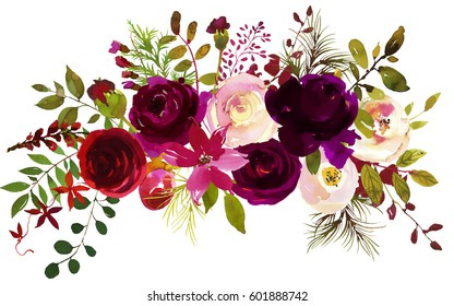 Watercolor Boho Burgundy Red Magenta White Pink  Floral  Bouquet  Flowers and Feathers Isolated.