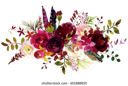 Watercolor Boho Burgundy Red Magenta White Floral  Bouquet  Flowers And Feathers Isolated.